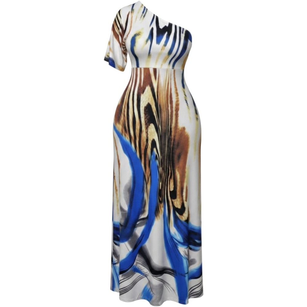 One Shoulder Abstract Print Maxi‎ Dress Blue Orange Cream Large 198772
